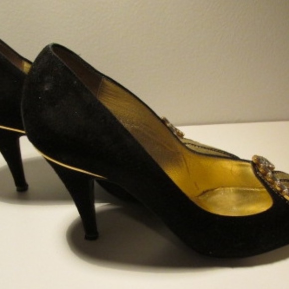 Vintage Black Leather Suede Pumps with Rhinestone Application, Size 36.5 - Picture 4 of 10
